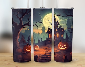 Halloween Tumbler Wrap Digital Download | Haunted House 20oz Skinny Sublimation PNG | Spooky Design