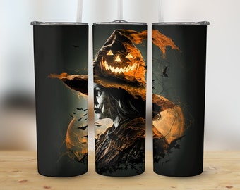 May include: Three black stainless steel tumblers with a Halloween-themed design. The design features a witch with a glowing jack-o'-lantern hat, bats, and a crescent moon.