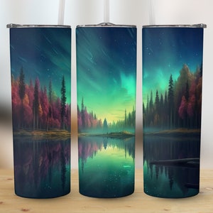 3d Mountains Northern Lights 20 oz Skinny Tumbler Sublimation Design Template Straight & Tapered Tumbler Wrap Instant Digital Download PNG