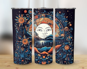 Celestial Moon Tumbler Wrap | 20 Unzen dünnes Sublimationsdesign | Boho Sonne Digital Download PNG