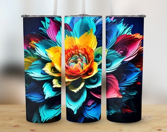 Puede incluir: Tres vasos de acero inoxidable con un vibrante diseño floral. El diseño presenta una gran flor estilizada con pétalos en tonos de azul, turquesa, amarillo, rosa y rojo. Los vasos tienen un fondo negro y una pajita blanca.