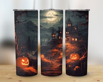 Halloween Tumbler Wrap PNG | Haunted House Sublimation Design | 20oz Skinny Straight Tapered Digital Download