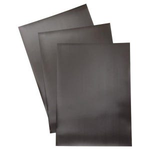 May include: Three rectangular sheets of dark brown magnetic material arranged in a fanned-out overlapping stack. Each sheet features a smooth, matte surface with a consistent dark tone, displaying clean, straight edges and a flat, flexible appearance.