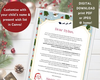 letter from Santa personalized with child’s name - edit in CANVA- digital download template Christmas Santa letter    8x10 letter