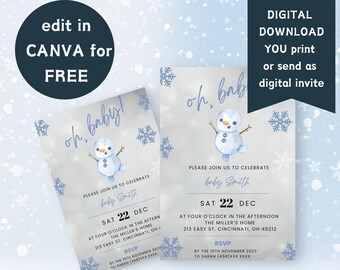 Winter baby shower invite DIGITAL download 5x7 OH BABY shower invite edit in canva snowman  baby shower  winter wonderland baby shower