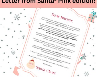 Letter from Santa Personalized digital download Pink Christmas letter from north pole PDF customized letter
