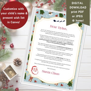 carta de Santa personalizada con el nombre del niño - editar en CANVA- plantilla de descarga digital Navidad Santa carta 8x10 carta