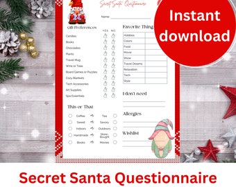 Secret Santa Questionnaire Christmas Gnome survey digital download secret santa work party classroom party secret santa gift ideas