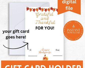 Thanksgiving gift card holder digital file grateful and thankful teacher gift holiday gift digital file instant download printable