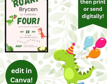 Dinosaur birthday invitation 5x7 edit in Canva dino birthday invite instant download template Roar dinosaur birthday 4th birthday roar four
