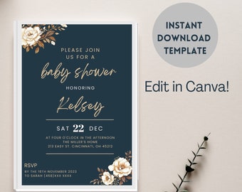 Navy Floral Baby Shower Invite- baby shower invitation navy winter simplistic elegant INSTANT DOWNLOAD 5x7 edit in canva