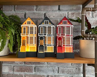 Set of 3 Miniature Houses "Painted Ladies - San Francisco" Home Decor, Fireplace Mantel Decor, Ambient Lighting Decor, Holiday Decor