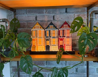 Set of 3 Miniature Houses "Painted Ladies - San Francisco" Home Decor, Fireplace Mantel Decor, Ambient Lighting Decor, Holiday Decor