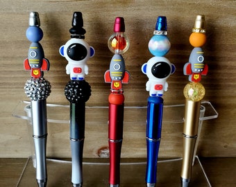 Handmade Space Explorer Beaded Focal Pens, refillable beaded ballpoint pens, Astronaut Pens