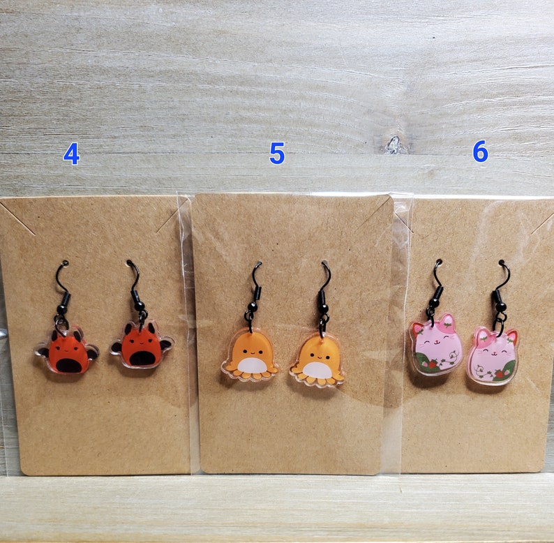 Kawaii animal earrings, Squish Animal Earrings 30 different patterns image 2
