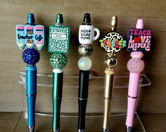 Teacher themed Handmade Beaded Focal Pens, Teacher refillable beaded ballpoint pens, teacher appreciation beaded pens