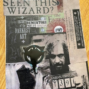 May include: A collage of images with a dark, mysterious theme. The main image is a black and white photo of a man with a serious expression. The text "HAVE YOU SEEN THIS WIZARD?" is at the top of the collage. Other images include a black and white illustration of a hooded figure, a black and white image of a prison cell, and a black and white image of a book with the text "DEMEMENTORS" and "DARKEST ART".
