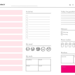 Pode incluir: Um planejador diário branco e rosa com seções para hora, listas de tarefas, rastreamento de humor, refeições e notas. Inclui um rastreador de água, uma lista de verificação de cuidados com a pele e uma seção de treino. O título é "Daily planner".