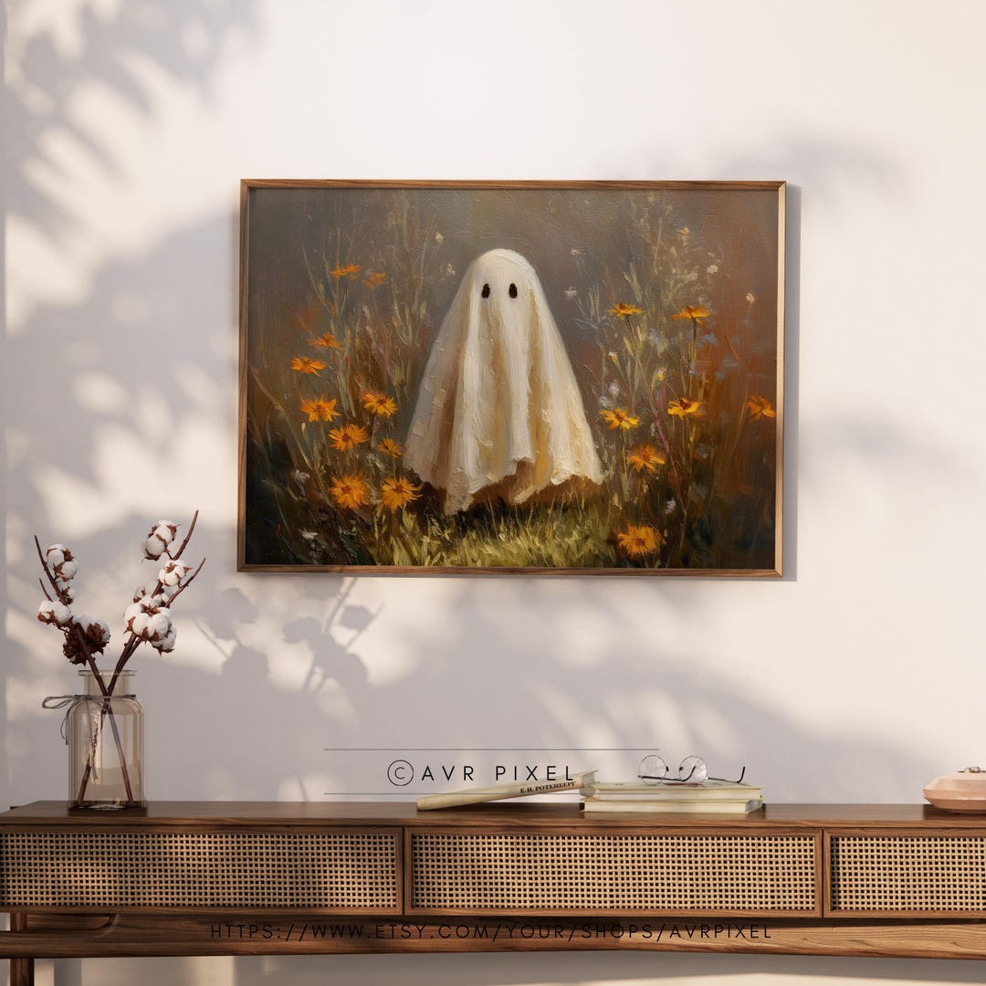 Ghost in Wildflower Meadow Art Print - Soft, Non-Scary Halloween Decor view 3