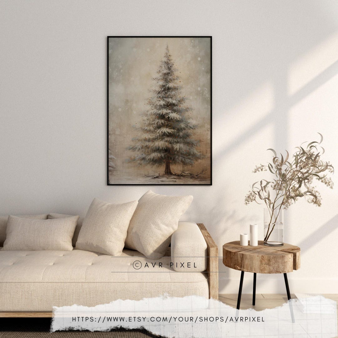 Vintage Farmhouse Christmas Tree Print: Rustic Holiday Art view 3
