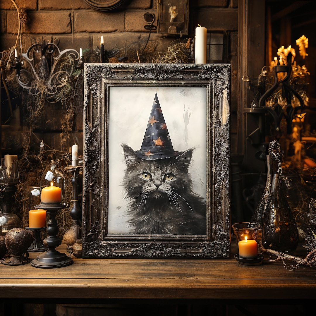 Halloween Witch Cat Art Print, Vintage Oil Style view 3