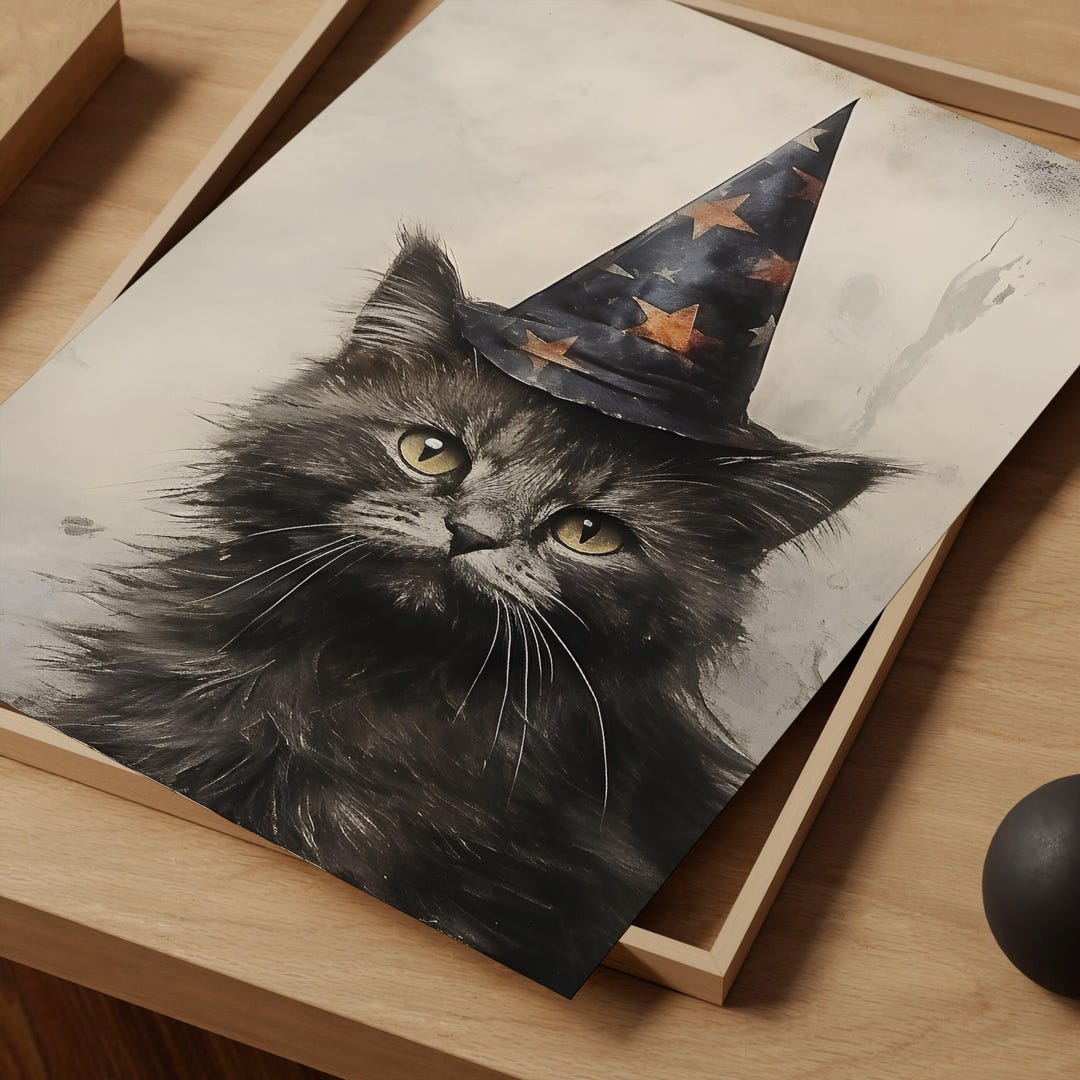 Halloween Witch Cat Art Print, Vintage Oil Style view 2