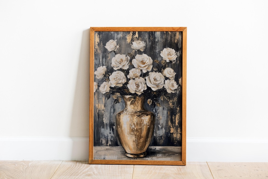 Vintage White Roses Gold Vase Painting view 3