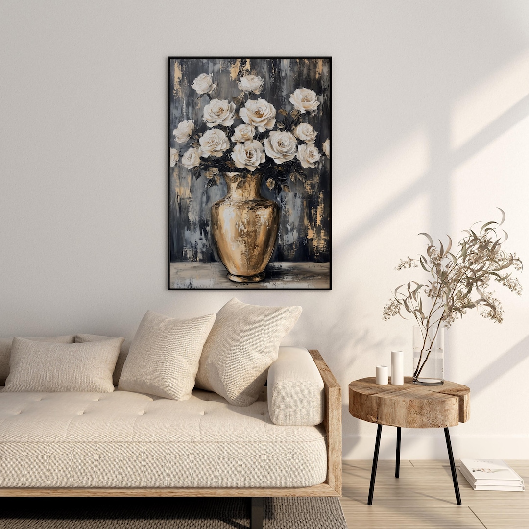 Vintage White Roses Gold Vase Painting view 4