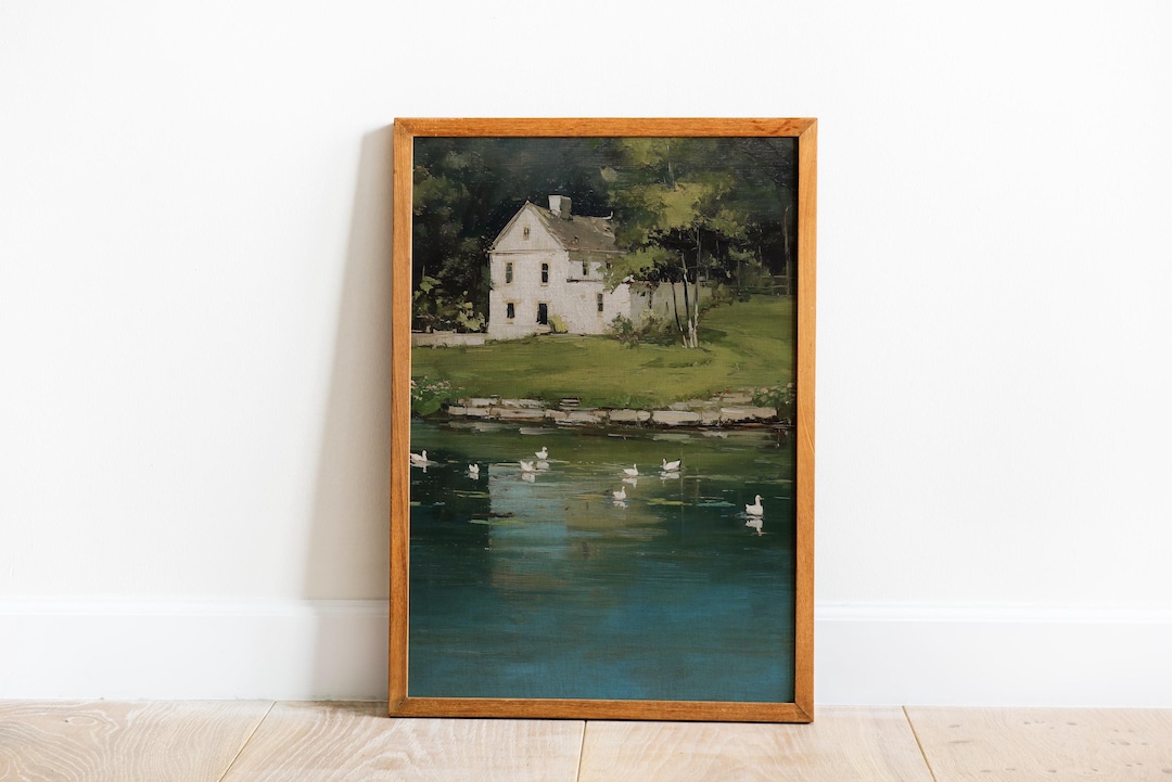 Vintage Lakeside House Painting view 3