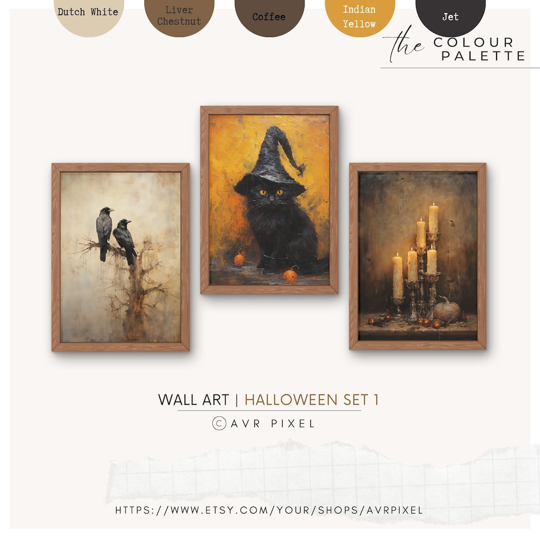 Halloween Wall Art: Muted Neutral Witch and Pumpkin Trio view 2