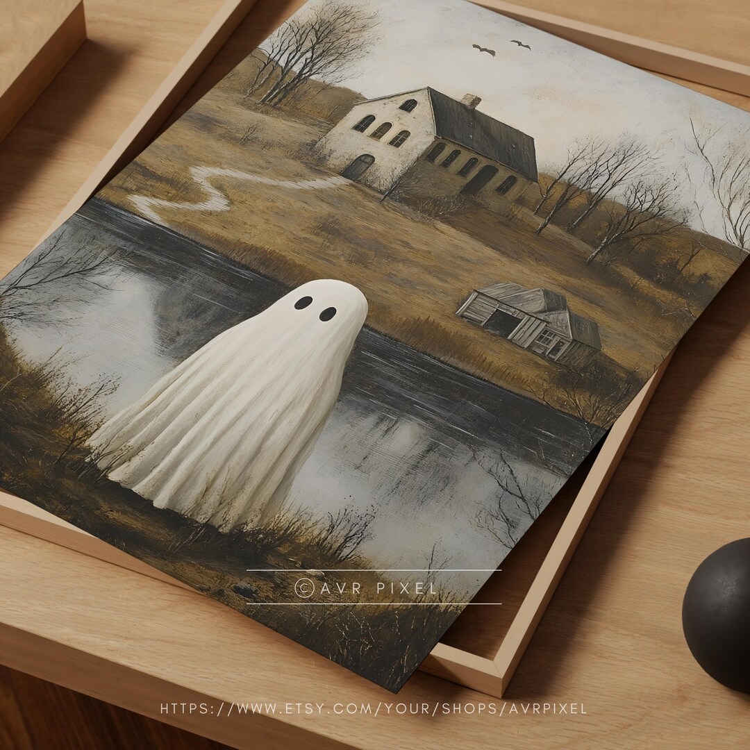 Spooky Ghost Cottage Print: Misty Halloween Landscape view 3
