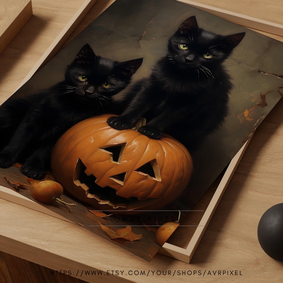 Cozy Halloween Print, Black Cat & Pumpkin view 2