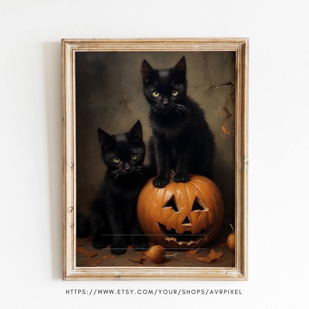 Cozy Halloween Print, Black Cat & Pumpkin