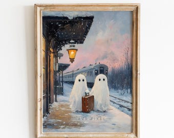 Ghost in Train Station Halloween Painting: Spooky Wall Decor (PDF Download)
