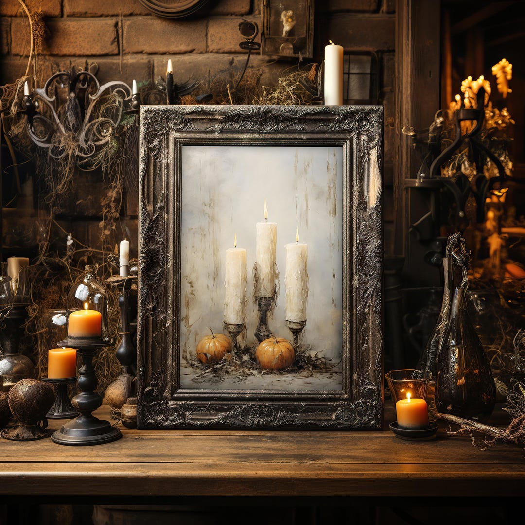 Halloween Wall Art: Three Lit Candles with Pumpkins - Warm Autumn Tones view 3