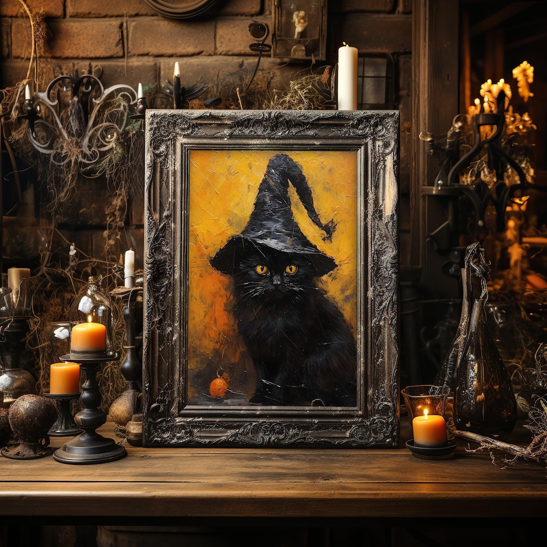 Vintage Black Cat Halloween Print, Witch Hat, Autumn Tones view 3