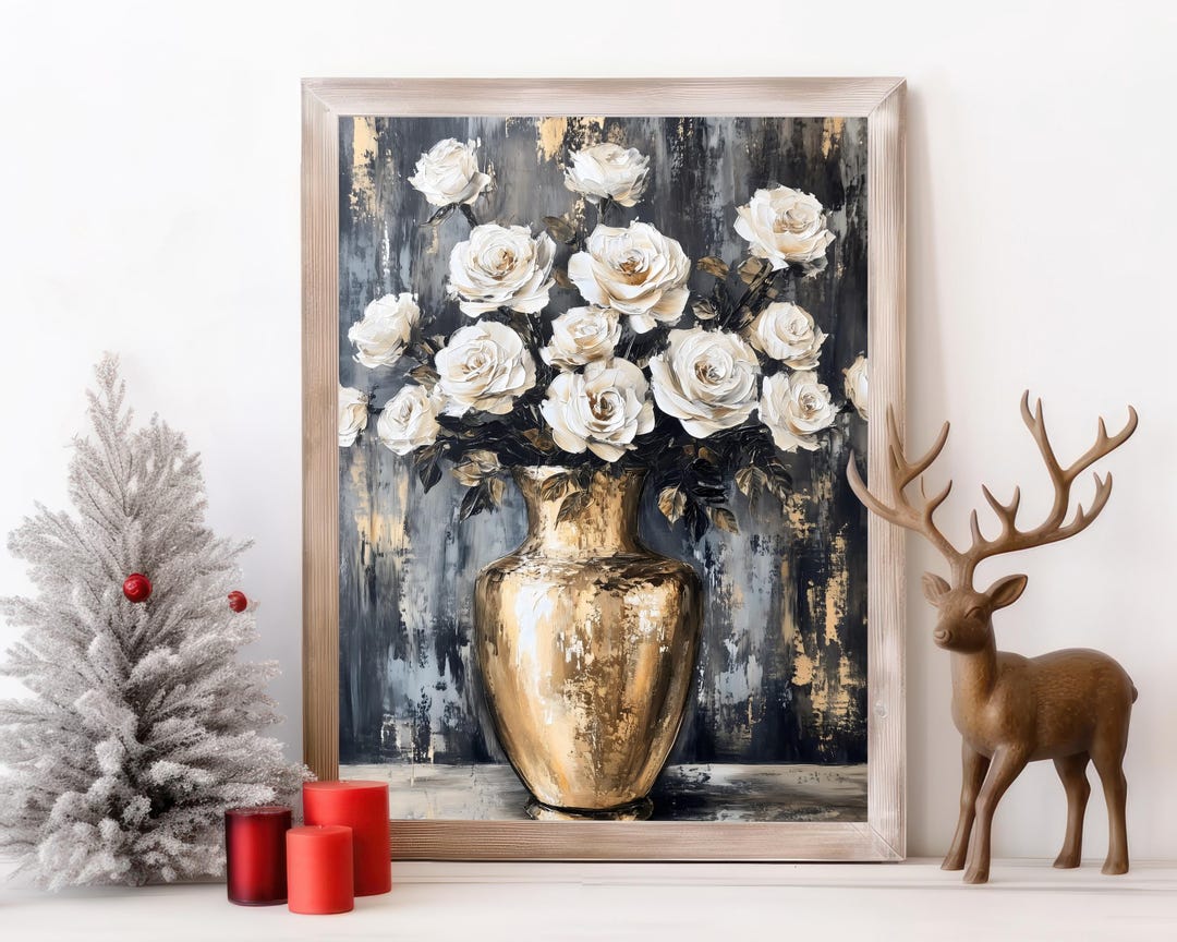 Vintage White Roses Gold Vase Painting view 2