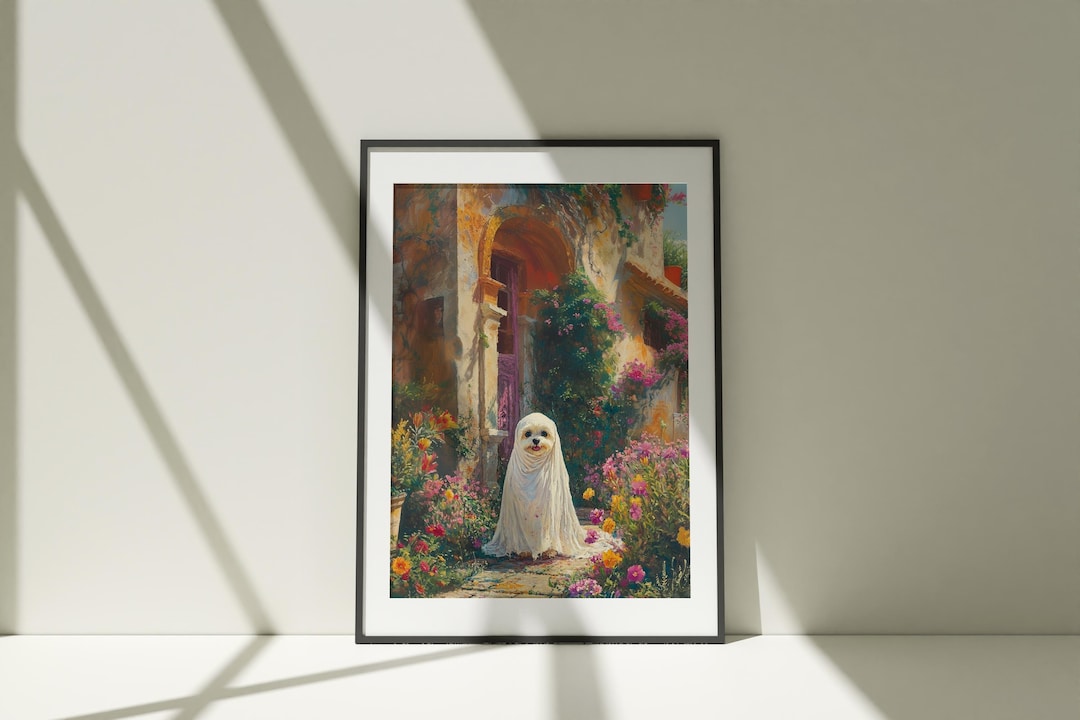 Whimsical Halloween Ghost Print - Vintage Floral Garden Scene view 3