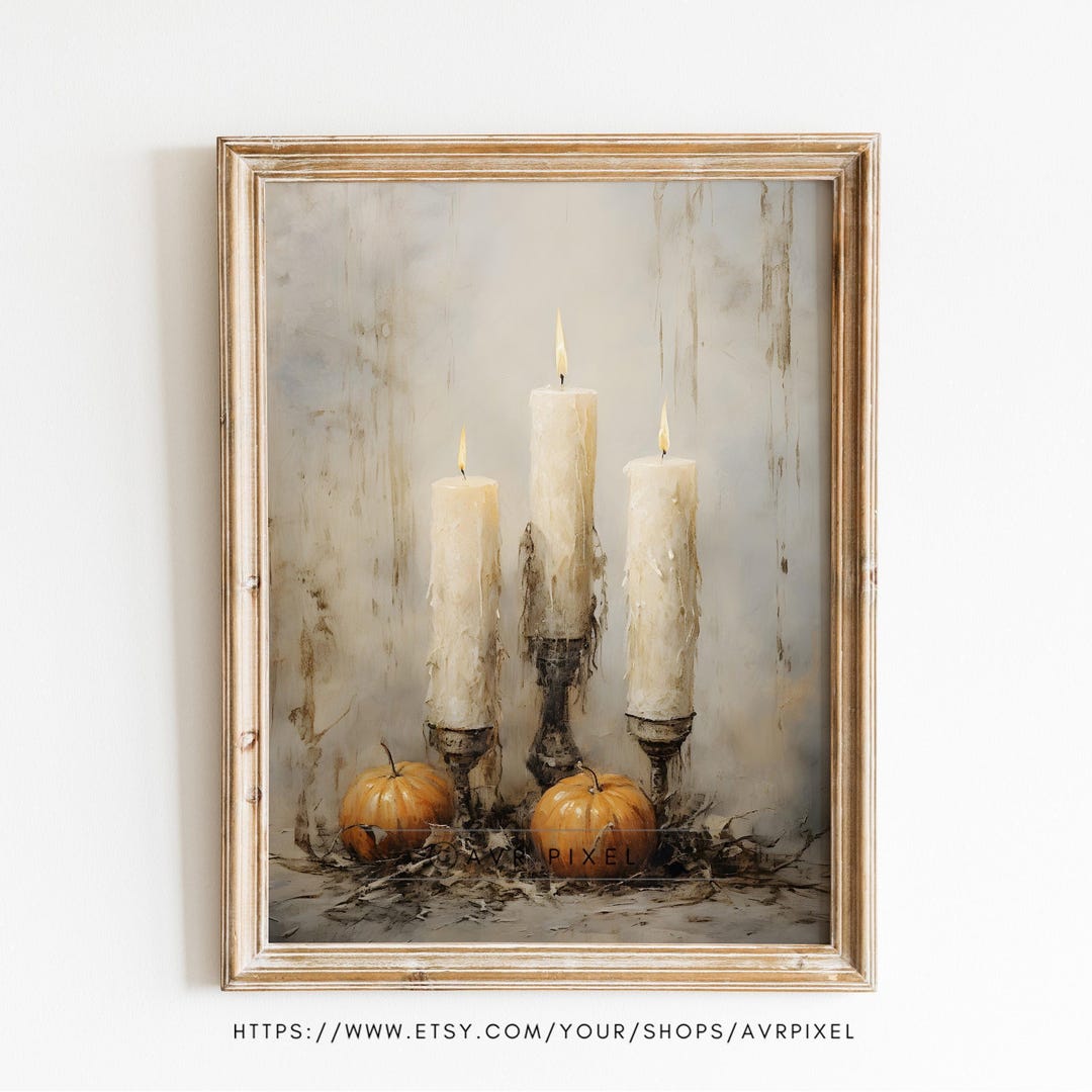 Halloween Wall Art: Three Lit Candles with Pumpkins - Warm Autumn Tones