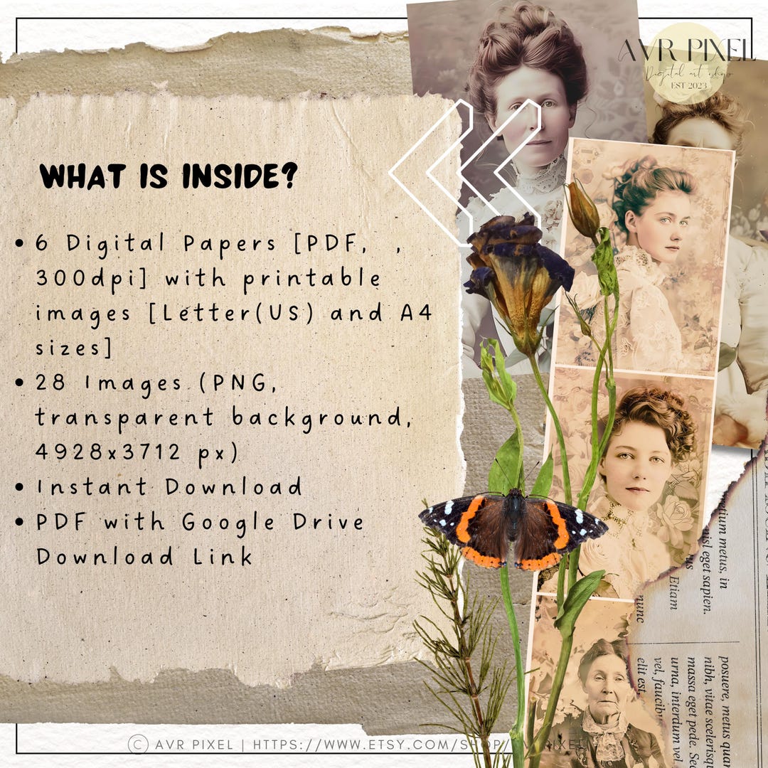 Vintage Women Headshots Ephemera: Floral Junk Journal Kit view 2
