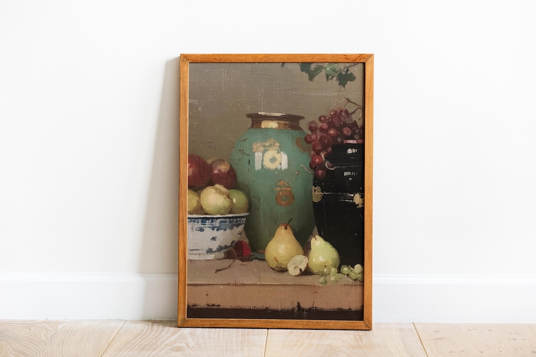 Vintage Pears Grapes Still Life Painting view 2