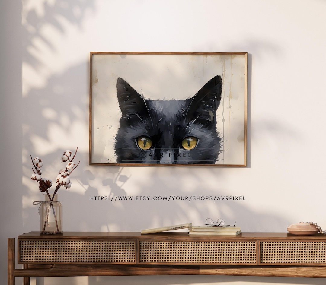 Whimsical Halloween Black Cat Wall Art: Spooky Fall Decor Digital Print for Elegant Home view 2