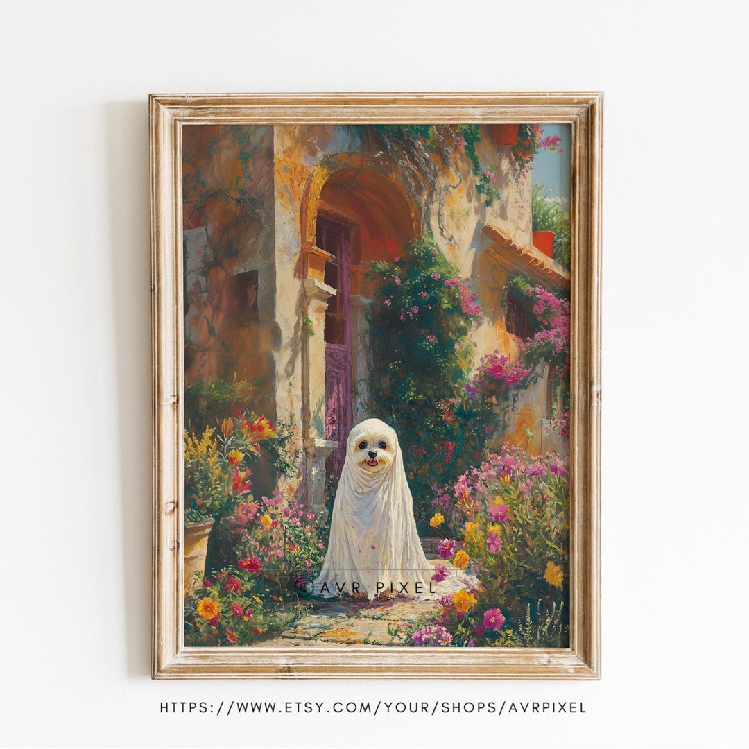 Whimsical Halloween Ghost Print - Vintage Floral Garden Scene