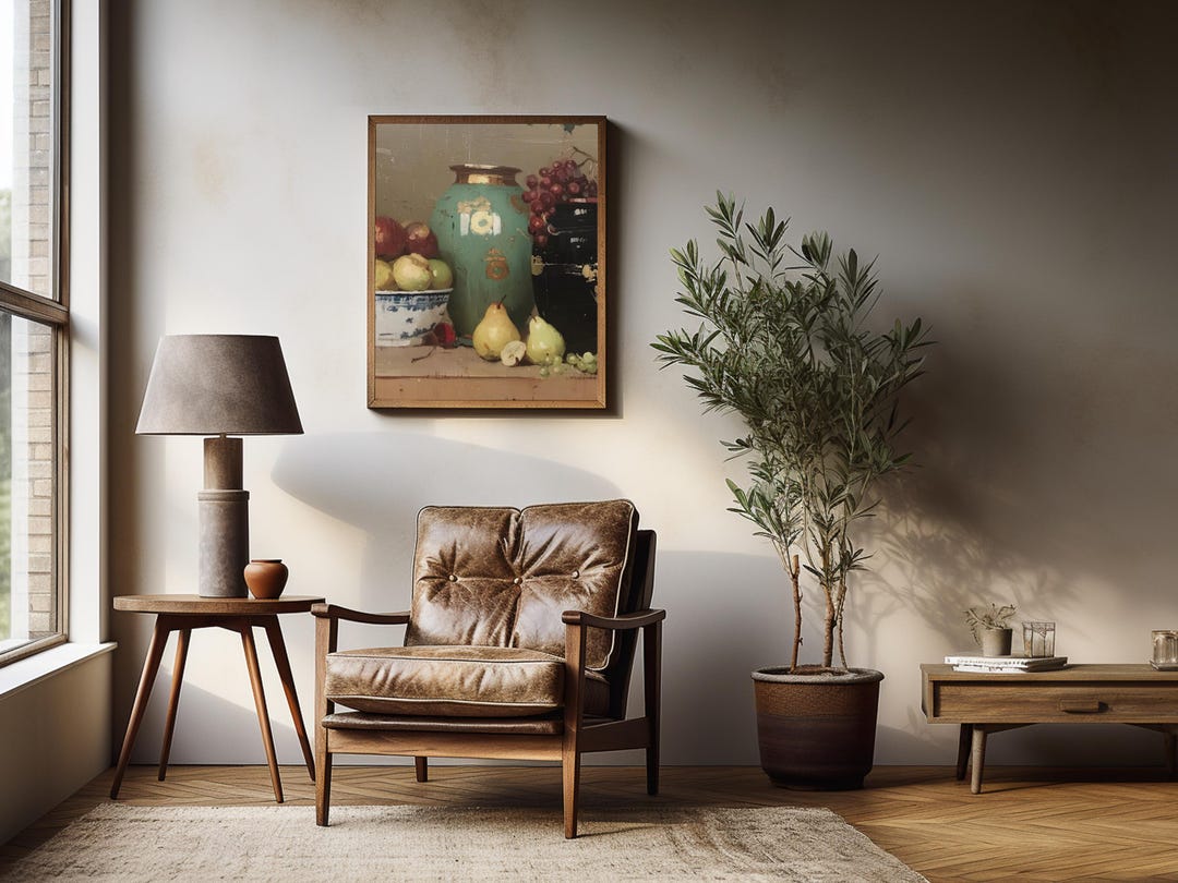 Vintage Pears Grapes Still Life Painting view 4