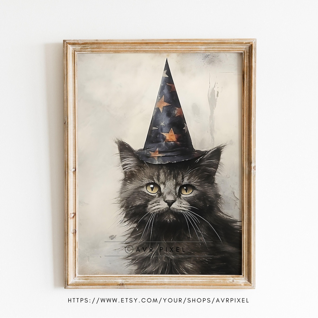 Halloween Witch Cat Art Print, Vintage Oil Style