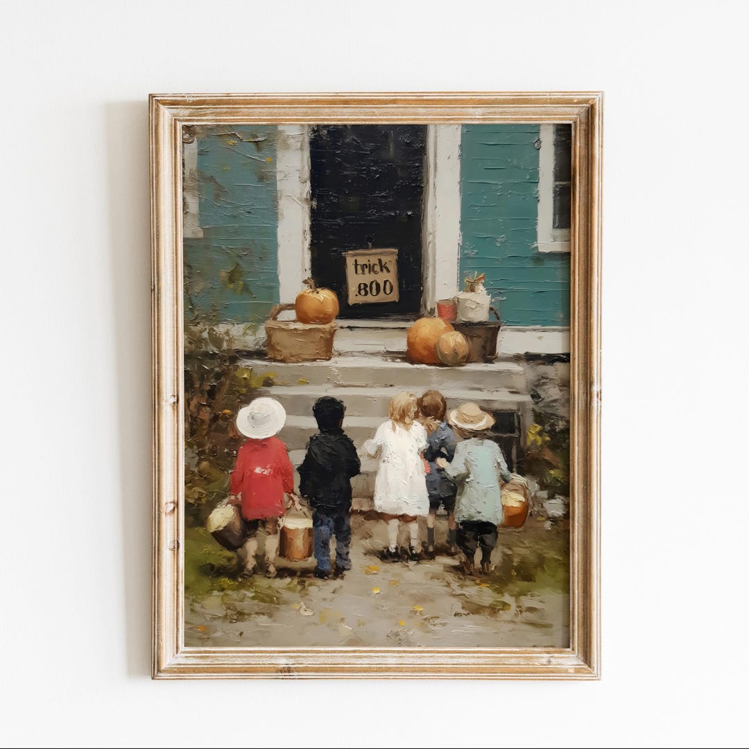 Classic Halloween Kids Painting: Vintage Trick or Treat Scene Art
