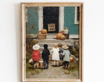 Classic Halloween Kids Painting: Vintage Trick or Treat Scene Art (PDF Download)