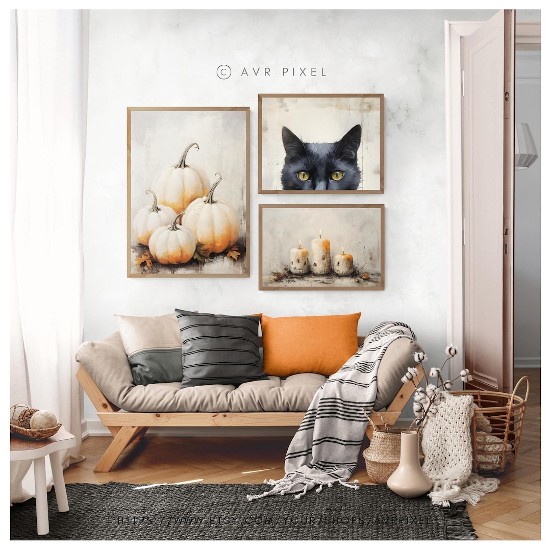 Vintage Halloween Wall Art Set: Cat, Pumpkin & Candles