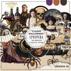 Afdrukbare 38 klassieke Halloween-ephemera | Plakboeken en dagboekbladen | Vintage DIY-decor en direct downloaden