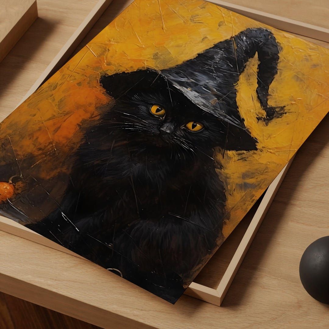 Vintage Black Cat Halloween Print, Witch Hat, Autumn Tones view 2